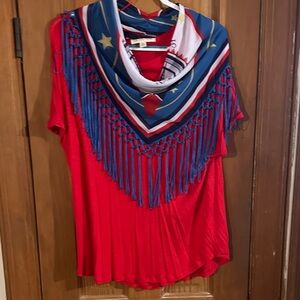 Vibrant Red Blouse with Blue Fringe and Scarf